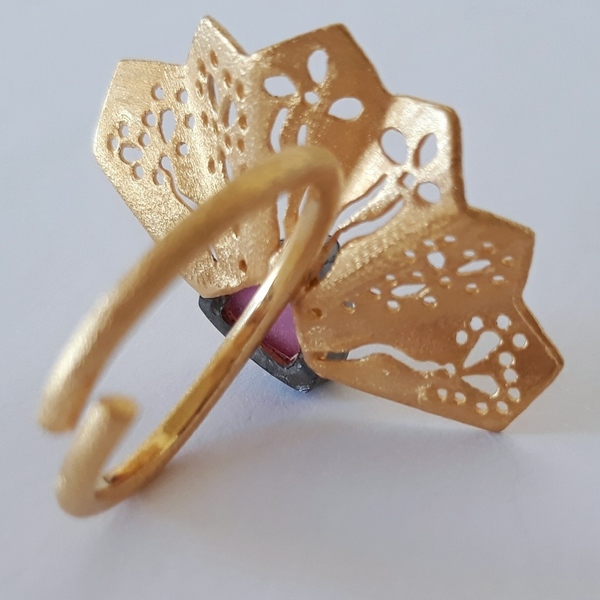 Red Gold Fan-Δαχτυλίδι Βεντάλια Από Επιχρυσωμένο Ασήμι 925 με Ημιπολύτιμη Πέτρα - χειροποίητα, ασήμι, ημιπολύτιμες πέτρες, επιχρυσωμένα - 2