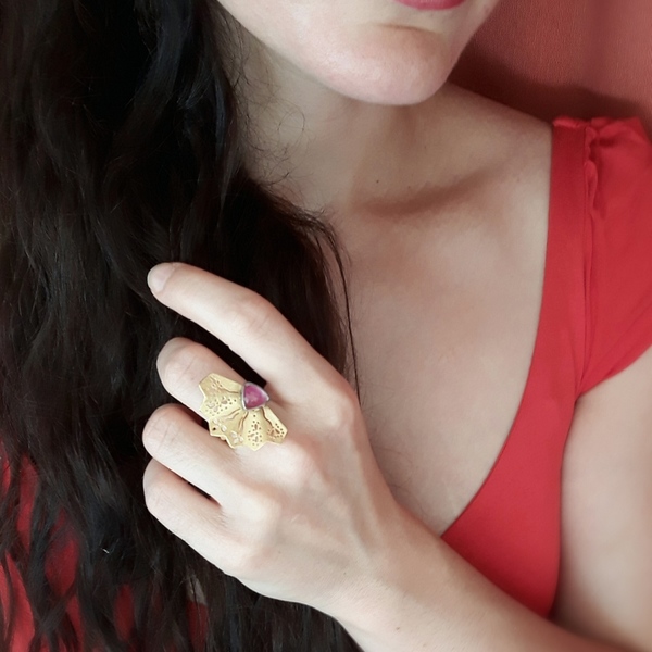 Red Gold Fan-Δαχτυλίδι Βεντάλια Από Επιχρυσωμένο Ασήμι 925 με Ημιπολύτιμη Πέτρα - χειροποίητα, ασήμι, ημιπολύτιμες πέτρες, επιχρυσωμένα - 5