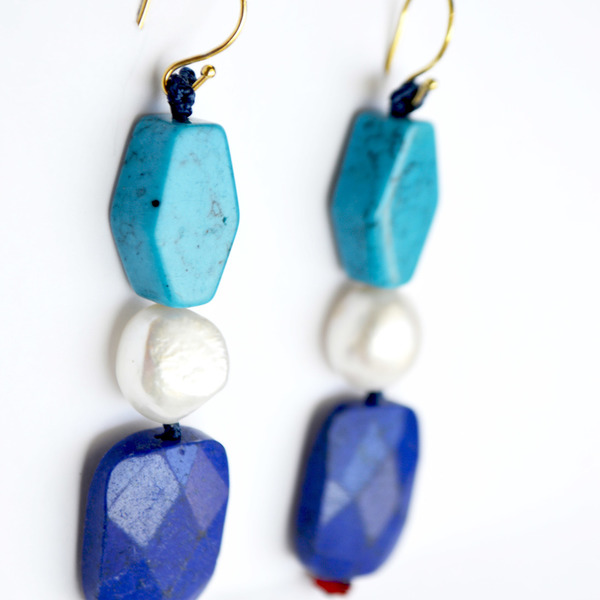 Τριπλά σκουλαρίκια με ημιπολύτιμες πέτρες - πέτρες, μακριά, boho, κρεμαστά - 2