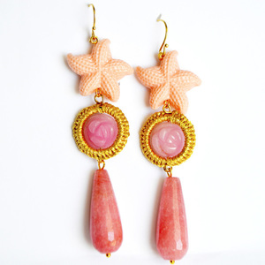 Τριπλά σκουλαρίκια με ροζ αστερία - ασήμι, πέτρες, μακριά, boho, κρεμαστά