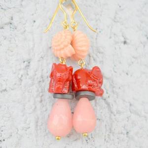 Τριπλά σκουλαρίκια κοχύλι ελεφαντάκι ροζ - πέτρες, boho, κρεμαστά - 2