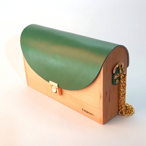 Ξύλινη τσάντα με δέρμα πράσινο - δέρμα, ξύλο, ώμου, δώρο, χειροποίητα, μικρές