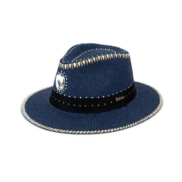Nevada μπλε χειροποίητο καπέλο Παναμά με boho σχέδια και ημιπολύτιμο πετράδι - ζωγραφισμένα στο χέρι, απαραίτητα καλοκαιρινά αξεσουάρ, boho, ψάθινα