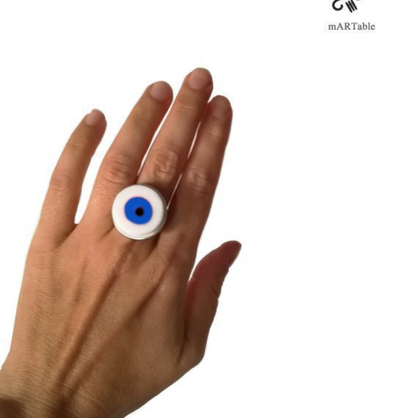 B L U E Evil Eye Marble Ring-Χειροποίητο δαχτυλίδι από Ελληνικό μάρμαρο! - ορείχαλκος, αυξομειούμενα - 2