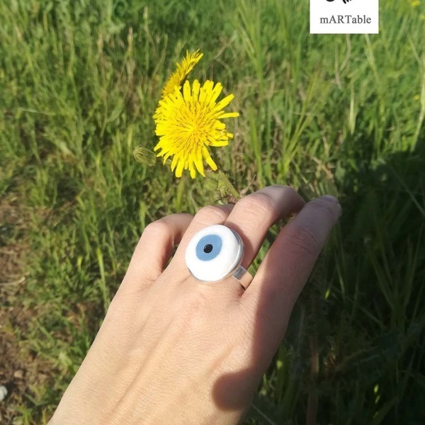 B L U E Evil Eye Marble Ring-Χειροποίητο δαχτυλίδι από Ελληνικό μάρμαρο! - ορείχαλκος, αυξομειούμενα
