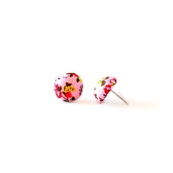 Υφασμάτινα Σκουλαρίκια Κουμπιά Λουλούδια-Ροζ - ύφασμα, καρφωτά, μικρά, φθηνά - 3