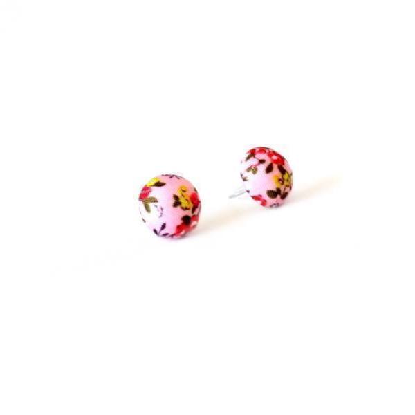 Υφασμάτινα Σκουλαρίκια Κουμπιά Λουλούδια-Ροζ - ύφασμα, καρφωτά, μικρά, φθηνά - 2