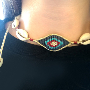 Cowrie shell & evil eye necklace - κοχύλι, τσόκερ, κορδόνια, μάτι, κοντά, evil eye - 4