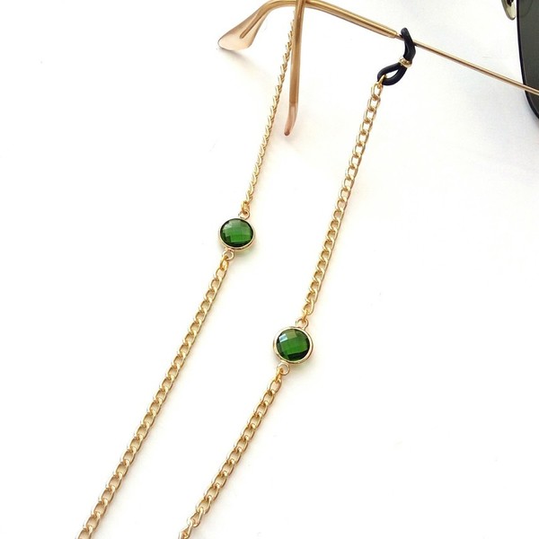 Αλυσίδα επίχρυση για γυαλιά με πράσινες χάντρες - αλυσίδες, μοδάτο