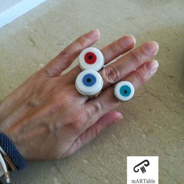 B L U E Evil Eye Marble Ring-Χειροποίητο δαχτυλίδι από Ελληνικό μάρμαρο! - ορείχαλκος, αυξομειούμενα - 4