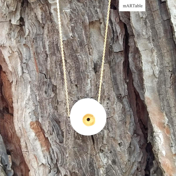 Κρεμαστό κύκλος λευκός με χρυσό μάτι από Ελληνικό Μάρμαρο - ασήμι, επιχρυσωμένα, ασήμι 925, χειροποίητα - 2