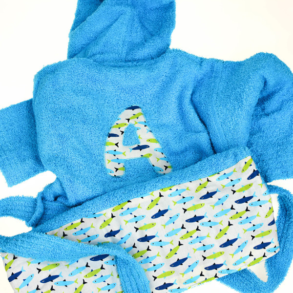 Τυρκουάζ παιδικό μπουρνούζι (2-14ετών) με μονόγραμμα, καρχαριάκια - αγόρι, πετσέτα, δώρα για βάπτιση, personalised, βρεφικά, δώρα για μωρά, για παιδιά, πετσέτες - 3