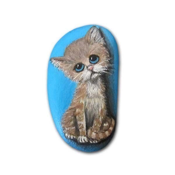 Γατάκι, ζωγραφισμένο στο χέρι, σε βότσαλο - ζωγραφισμένα στο χέρι, πέτρα, διακοσμητικές πέτρες