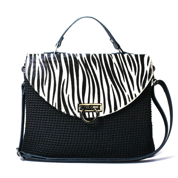 Τσάντα ώμου-χειρός από γνήσιο zebra pony skin και νήμα - δέρμα, ώμου, πλεκτές τσάντες