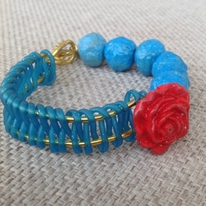 βραχιόλι χειροπέδα γαλάζιο με τριαντάφυλλο - τριαντάφυλλο, χάντρες, boho, φθηνά - 2