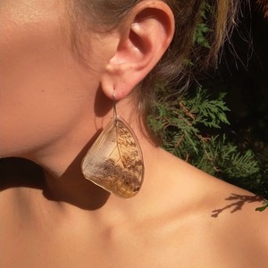 Σκουλαρίκια σε καφέ απόχρωση από αληθινά φτερά πεταλούδας. - ατσάλι, κρεμαστά, μεγάλα - 2