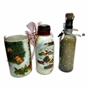 Διακοσμητικα χριστουγεννιατικα μπουκαλια χειροποιητα με τεχνική decoupage tιμη για ενα κομματι. - γυαλί, πίνακες & κάδρα, χειροποίητα, διακοσμητικά, χριστουγεννιάτικα δώρα, δώρο για τη γιαγιά, στολισμός τραπεζιού - 3