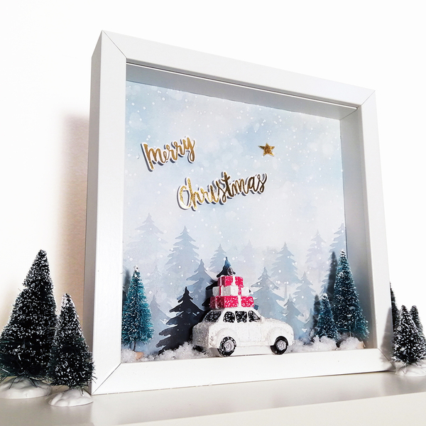Χριστουγεννιάτικο Κάδρo "Το χιονισμένο αμαξάκι φορτωμένο με δώρα" - ξύλο, χειροποίητα, διακοσμητικά, χριστουγεννιάτικα δώρα, δέντρο