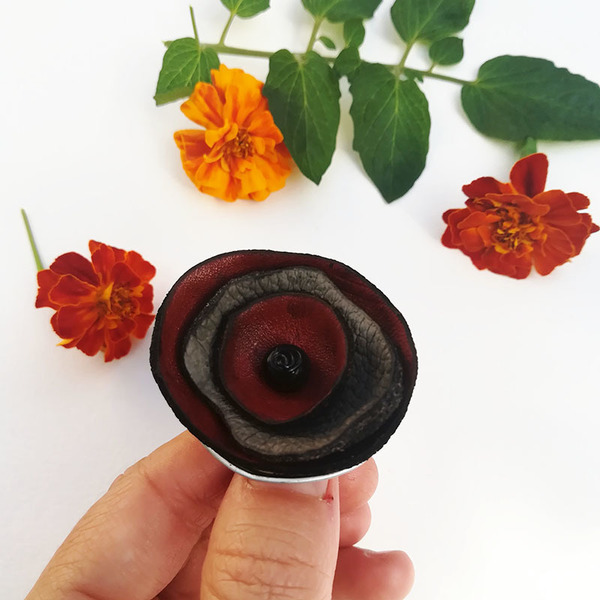 Δερμάτινο δαχτυλίδι-λουλούδι (εικαστικό κόσμημα) - δέρμα, λουλούδι, μεγάλα, αυξομειούμενα, φθηνά - 2