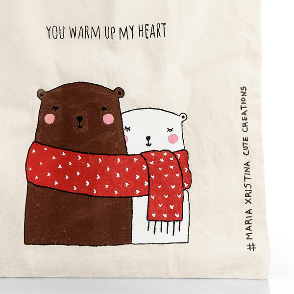 Πάνινη τσάντα Ζωγραφισμένη στο χέρι ♥ Αρκουδάκια - κασκόλ, ώμου, χειμώνας, πάνινες τσάντες, φθηνές - 2