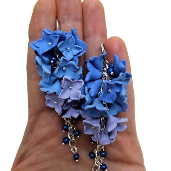 Σκουλαρίκια από πολυμερικό πηλό σε σχέδιο λουλουδιού.100% Χειροποίητο. - πηλός, χειροποίητα, μακριά, λουλούδι, κρεμαστά - 3