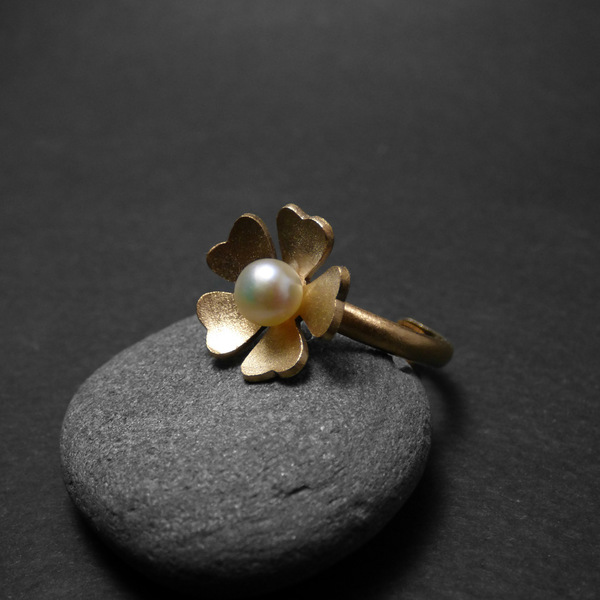 " Golden Pearl Flower " - Χειροποίητο επίχρυσο δαχτυλίδι με μαργαριτάρι! - ημιπολύτιμες πέτρες, μαργαριτάρι, επιχρυσωμένα, ορείχαλκος, boho, boho, αυξομειούμενα, φθηνά - 2