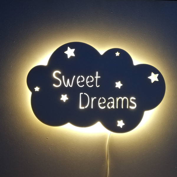 Χειροποίητο ξύλινο φωτιστικό συννεφάκι Sweet Dreams - παιδικά φωτιστικά, ξύλινα διακοσμητικά τοίχου - 4