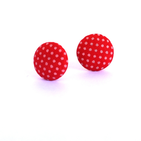 Υφασμάτινα Σκουλαρίκια Κουμπιά Κόκκινο Πουά - ύφασμα, επάργυρα, καρφωτά, φθηνά