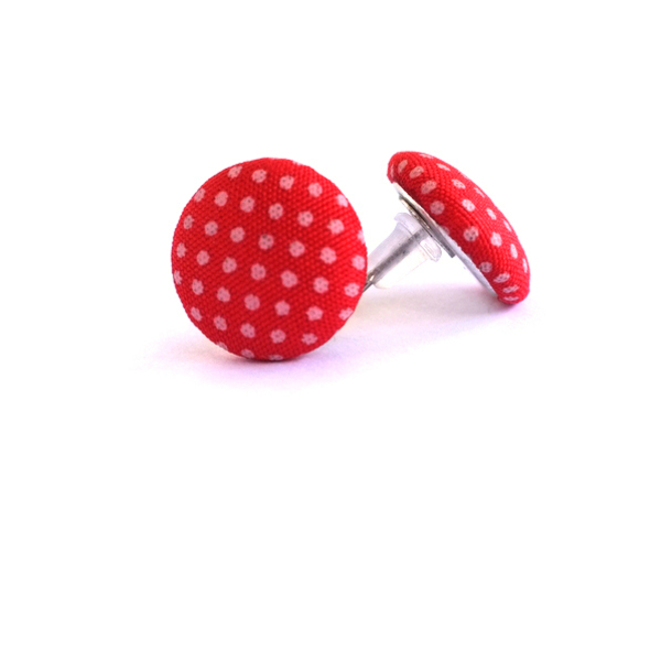 Υφασμάτινα Σκουλαρίκια Κουμπιά Κόκκινο Πουά - ύφασμα, επάργυρα, καρφωτά, φθηνά - 2
