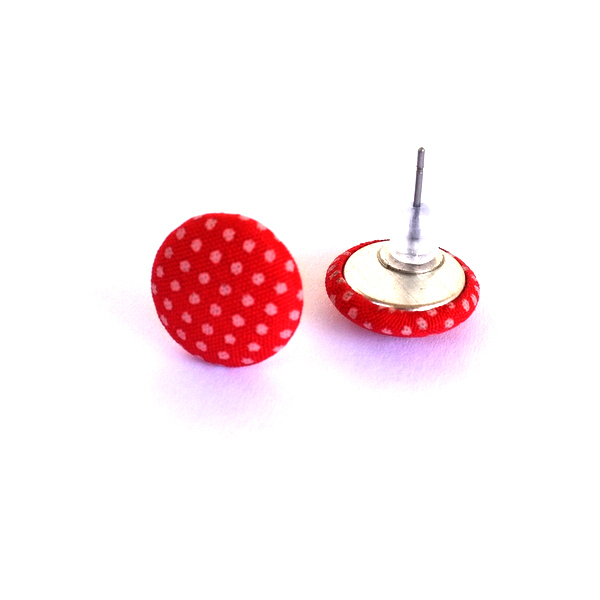 Υφασμάτινα Σκουλαρίκια Κουμπιά Κόκκινο Πουά - ύφασμα, επάργυρα, καρφωτά, φθηνά - 3