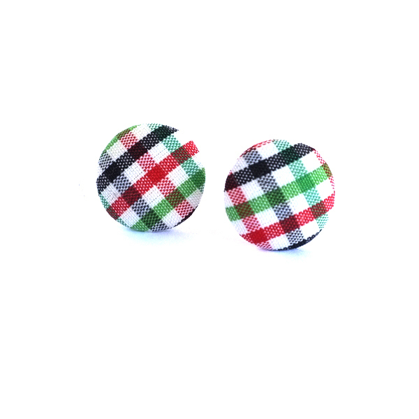 Υφασμάτινα Σκουλαρίκια Κουμπιά Πράσινο-Καρώ - ύφασμα, επάργυρα, καρφωτά, φθηνά