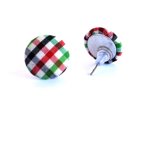 Υφασμάτινα Σκουλαρίκια Κουμπιά Πράσινο-Καρώ - ύφασμα, επάργυρα, καρφωτά, φθηνά - 2