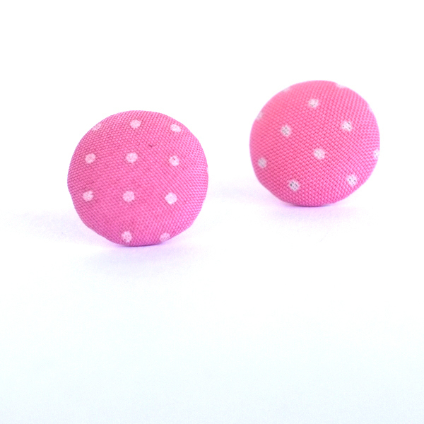 Υφασμάτινα Σκουλαρίκια Κουμπιά Ροζ Πουά - ύφασμα, καρφωτά, φθηνά