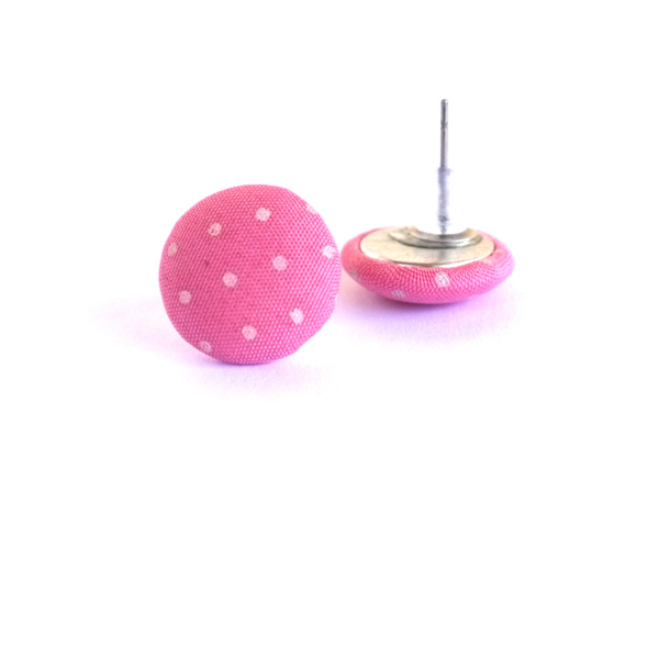 Υφασμάτινα Σκουλαρίκια Κουμπιά Ροζ Πουά - ύφασμα, καρφωτά, φθηνά - 2