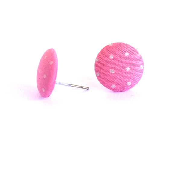 Υφασμάτινα Σκουλαρίκια Κουμπιά Ροζ Πουά - ύφασμα, καρφωτά, φθηνά - 3