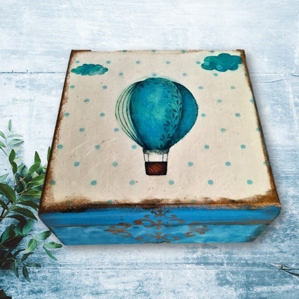 Ξύλινο κουτί με γαλάζιο αερόστατο - αγόρι, mdf, οργάνωση & αποθήκευση, δώρα για βάπτιση, δώρα γενεθλίων, κουτιά αποθήκευσης - 5