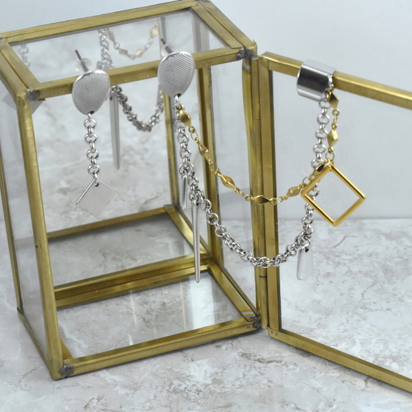 Σκουλαρίκια ασύμμετρα με κρεμαστά στοιχεία και επιχρυσωμένη αλυσίδα - ορείχαλκος, επάργυρα, μακριά, κρεμαστά, faux bijoux - 2