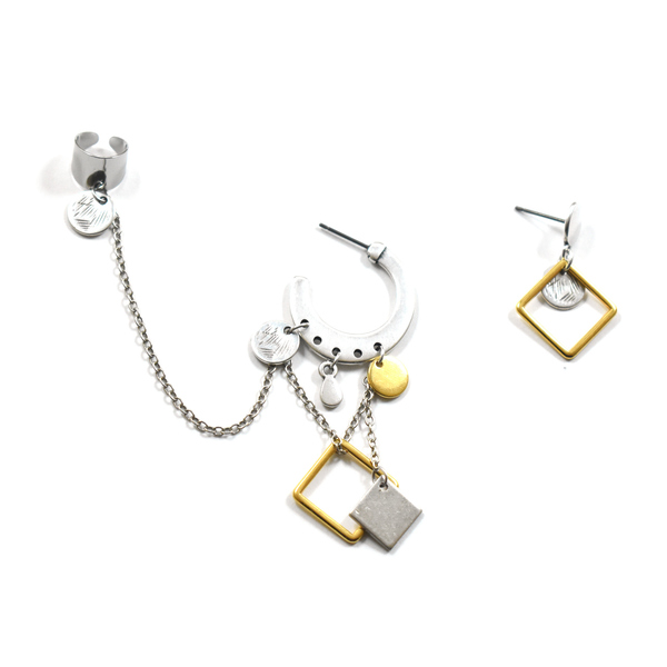 Σκουλαρίκια ασύμμετρα, με κρεμαστά στοιχεία και αλυσίδα - ορείχαλκος, επάργυρα, μακριά, μεγάλα, faux bijoux