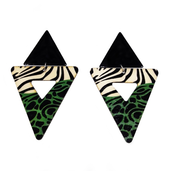 Σκουλαρίκια από ξύλο, με animal print σχέδιο και μαύρο τρίγωνο - ξύλο, μακριά, plexi glass, κρεμαστά, faux bijoux