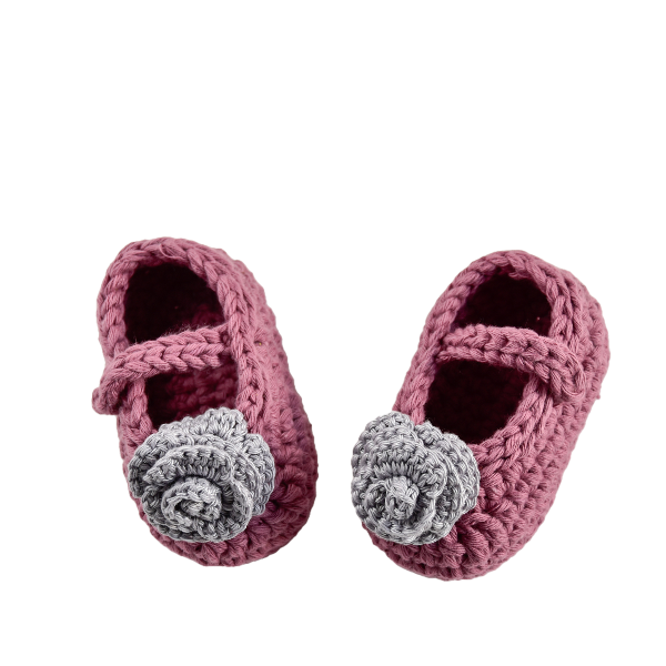 Πλεκτές μπαλαρίνες για μωρά σε σκούρο ροζ χρώμα 0 - 6 μηνών - βαμβάκι, δώρο, χειροποίητα, βρεφικά, αγκαλιάς - 3