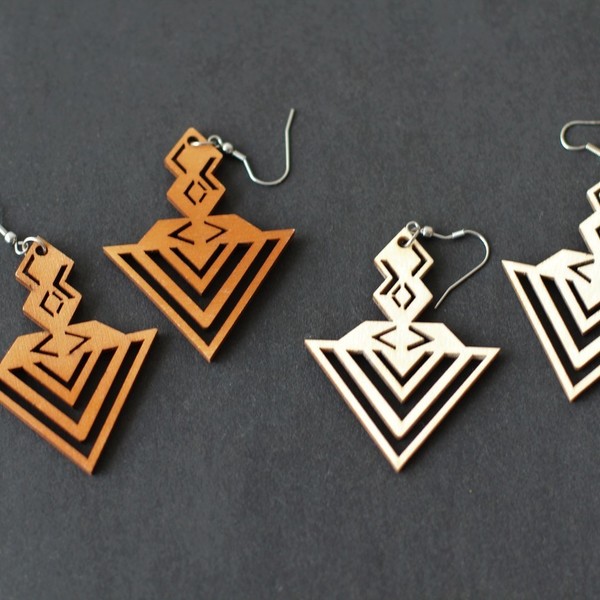Ξύλινα Laser Cut Σκουλαρίκια - Triangles - ξύλο, boho, ξύλινα κοσμήματα, κρεμαστά - 3