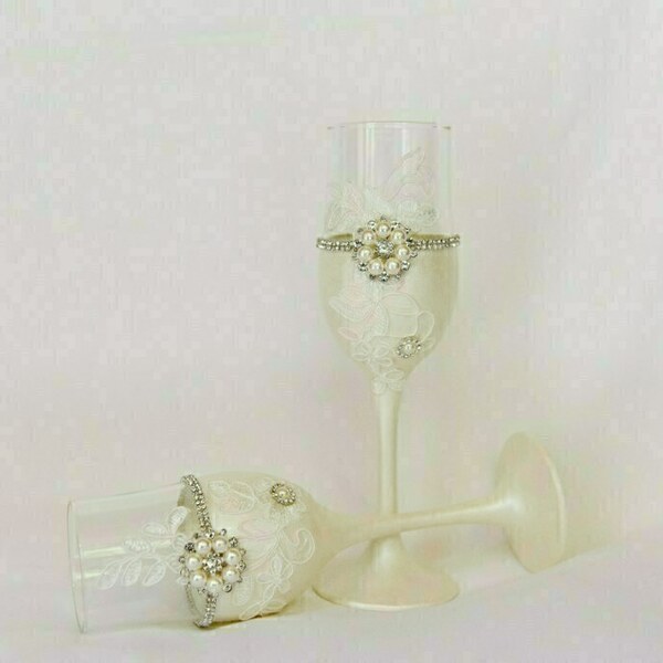ΣΕΤ Ποτηρια σαμπανιας γυαλινα για το γάμο ή τον αρραβώνα σας. Σετ γάμου... χειροποιητο σε περλε χρωματα - χειροποίητα, δώρα γάμου, με πέρλες, διακοσμητικά - 2