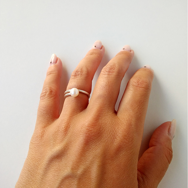 Pearl Silver Χειροποίητο Ασημένιο Δαχτυλίδι με Μαργαριτάρι - ασήμι, ημιπολύτιμες πέτρες, μαργαριτάρι, επιχρυσωμένα, αυξομειούμενα, δώρα για γυναίκες, φθηνά - 3