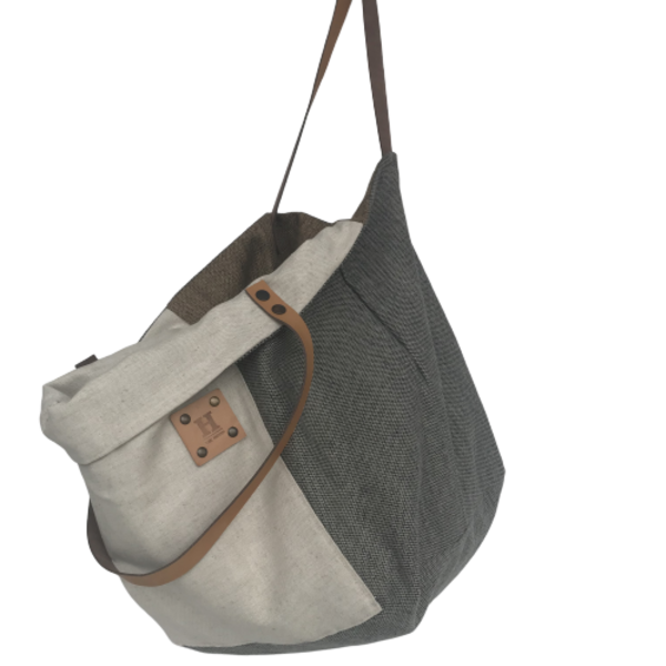 Χειροποίητη τσάντα ώμου oversized διπλής όψης milos - δέρμα, ύφασμα, ώμου, διπλής όψης, μεγάλες, καθημερινό, all day, tote - 2