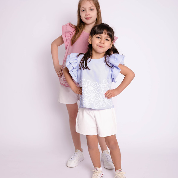 Μπλουζάκι Ριγέ με Κέντημα & Βολάν Μανίκι - κορίτσι, παιδικά ρούχα
