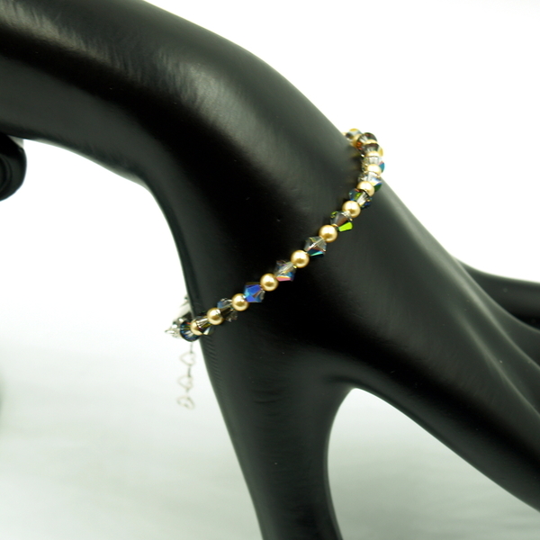 Gold Shine Swarovski Crystals & Pearls Χειροποίητο Κόσμημα Βραχιόλι - γυναικεία, swarovski, χάντρες, χεριού, αυξομειούμενα - 3