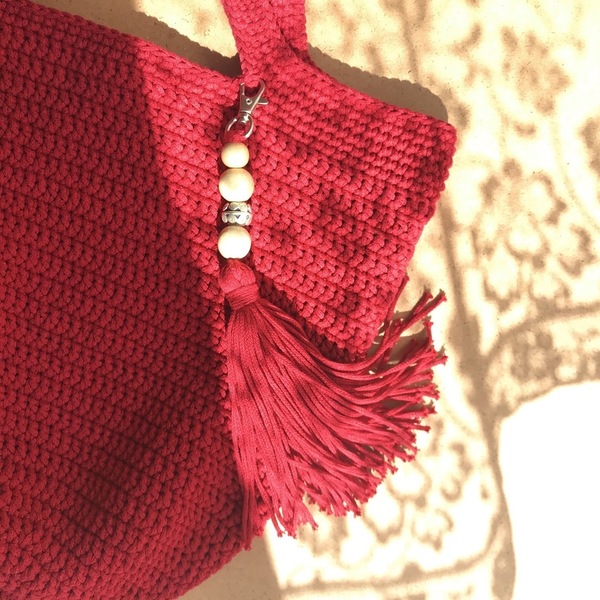 Κόκκινη πλεκτή χειροποίητη τσάντα - βαμβάκι, νήμα, χειρός, πλεκτές τσάντες - 5