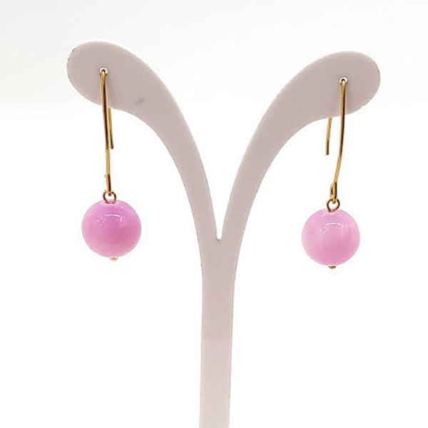 Κρεμαστά σκουλαρίκια με ατσάλινο μεγάλο γάντζο και ροζ νεφρίτη - ημιπολύτιμες πέτρες, επιχρυσωμένα, ατσάλι, κρεμαστά, φθηνά