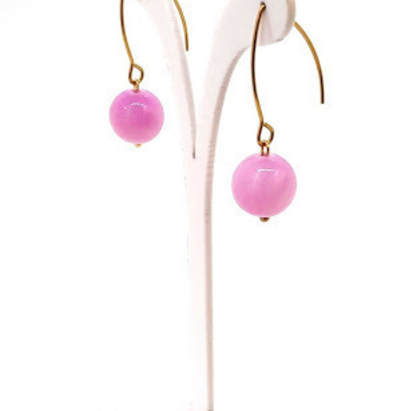 Κρεμαστά σκουλαρίκια με ατσάλινο μεγάλο γάντζο και ροζ νεφρίτη - ημιπολύτιμες πέτρες, επιχρυσωμένα, ατσάλι, κρεμαστά, φθηνά - 4
