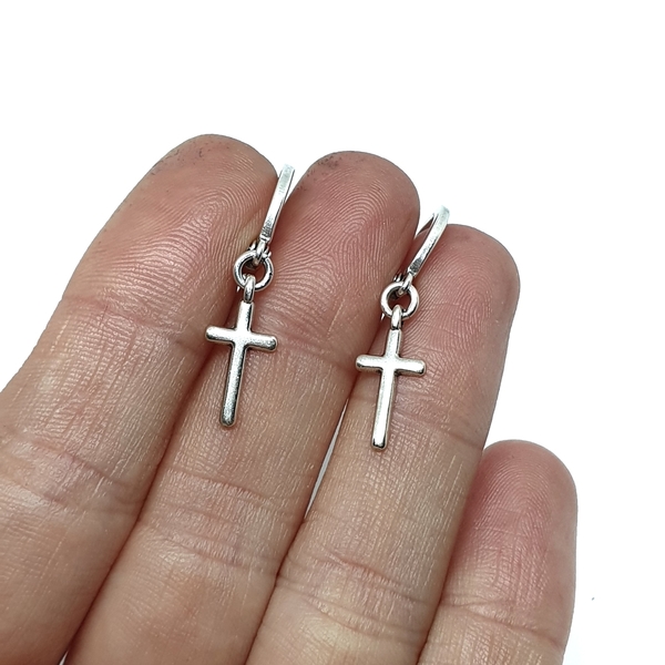 Μίνιμαλ σκουλαρίκια με σταυρό - ορείχαλκος, επάργυρα, σταυρός, κρίκοι, μικρά - 4